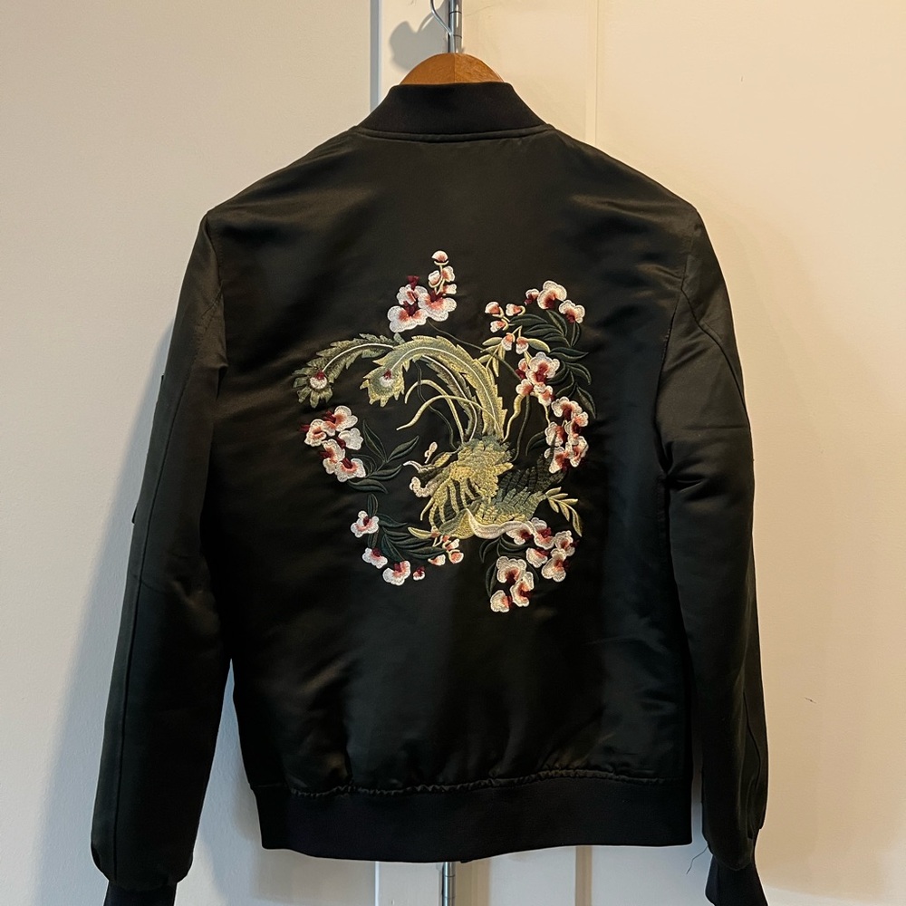Zara Black/olive Embroidered Silk Bomber